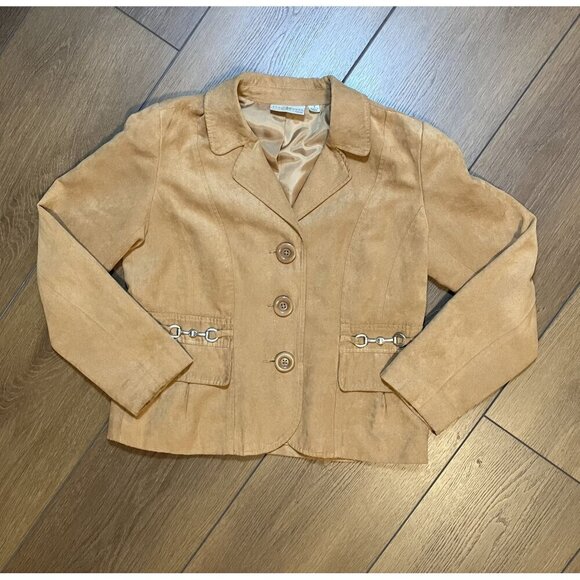 Studio Works Tan/Brown Three Button Faux Suede Waist-Length Blazer Jacket Sz 4P - Picture 1 of 6